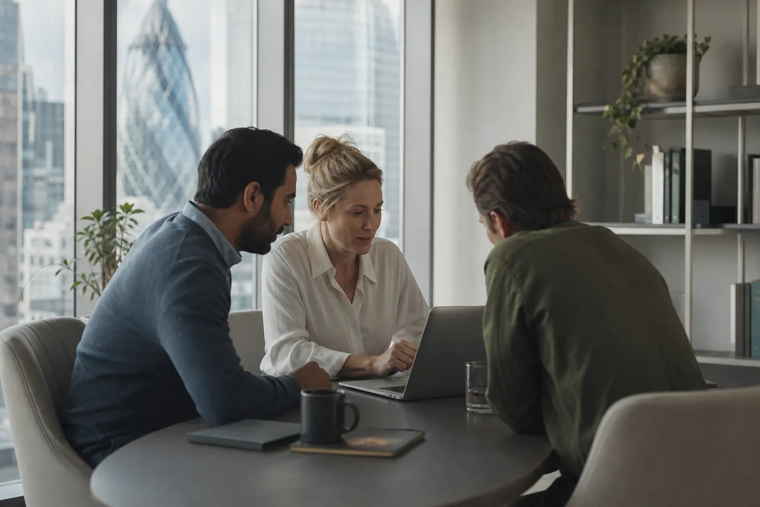 Advisers working together around a laptop