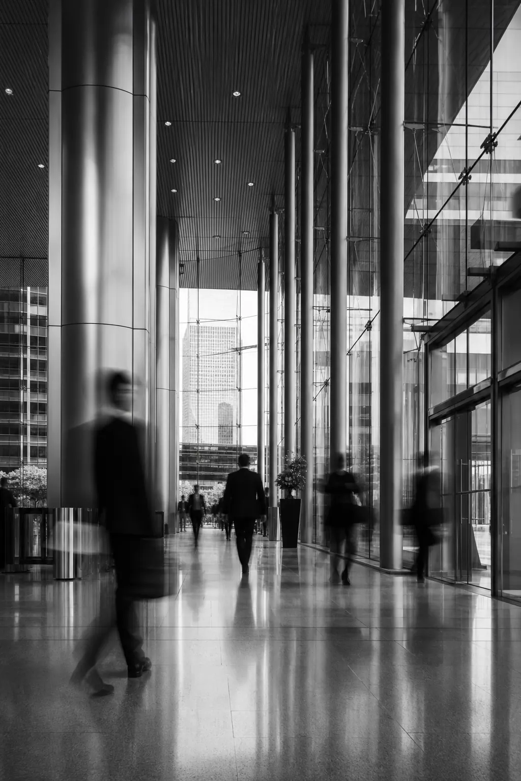 Office lobby with people walking through